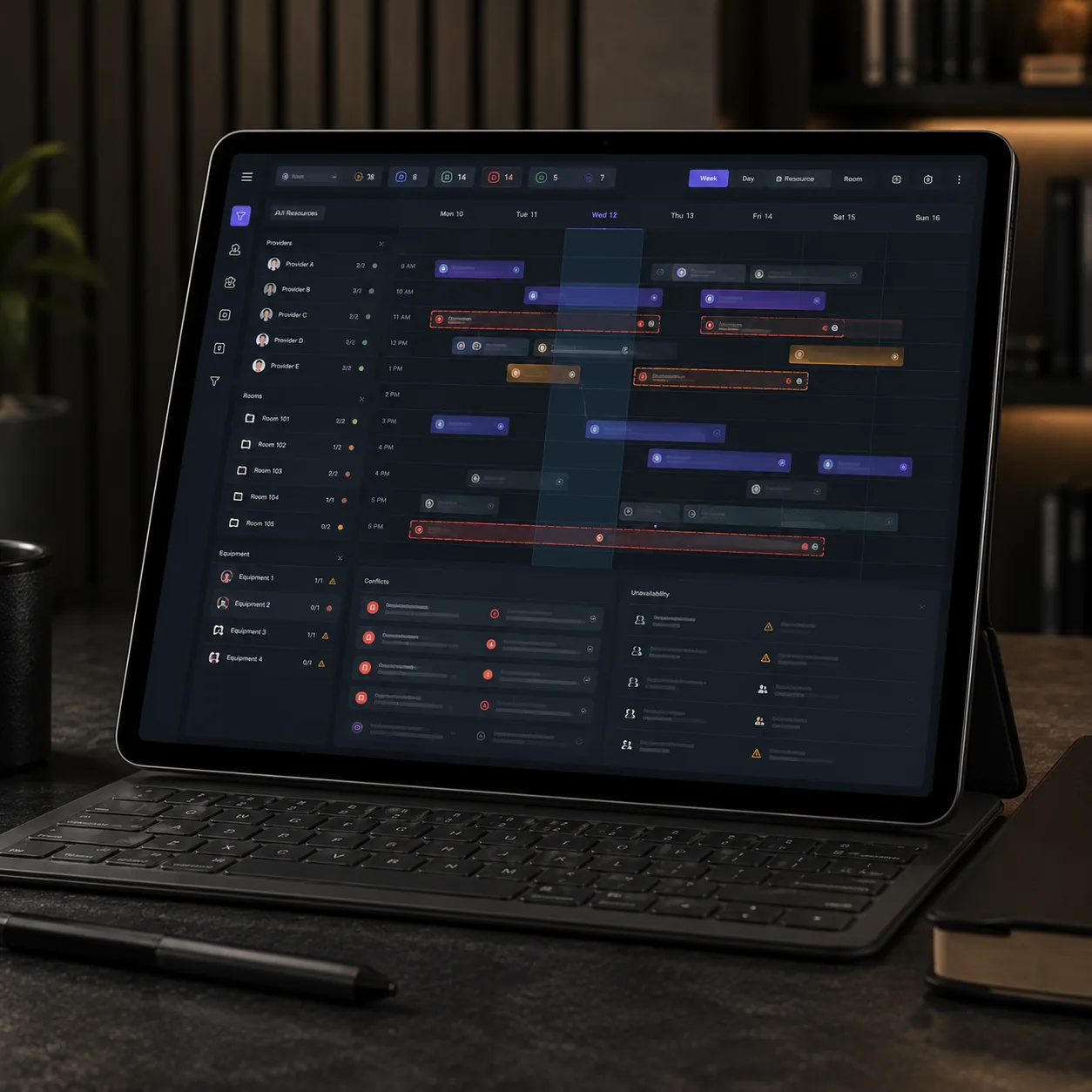 Booking control view with resources, reservations, assignments, and availability checks.