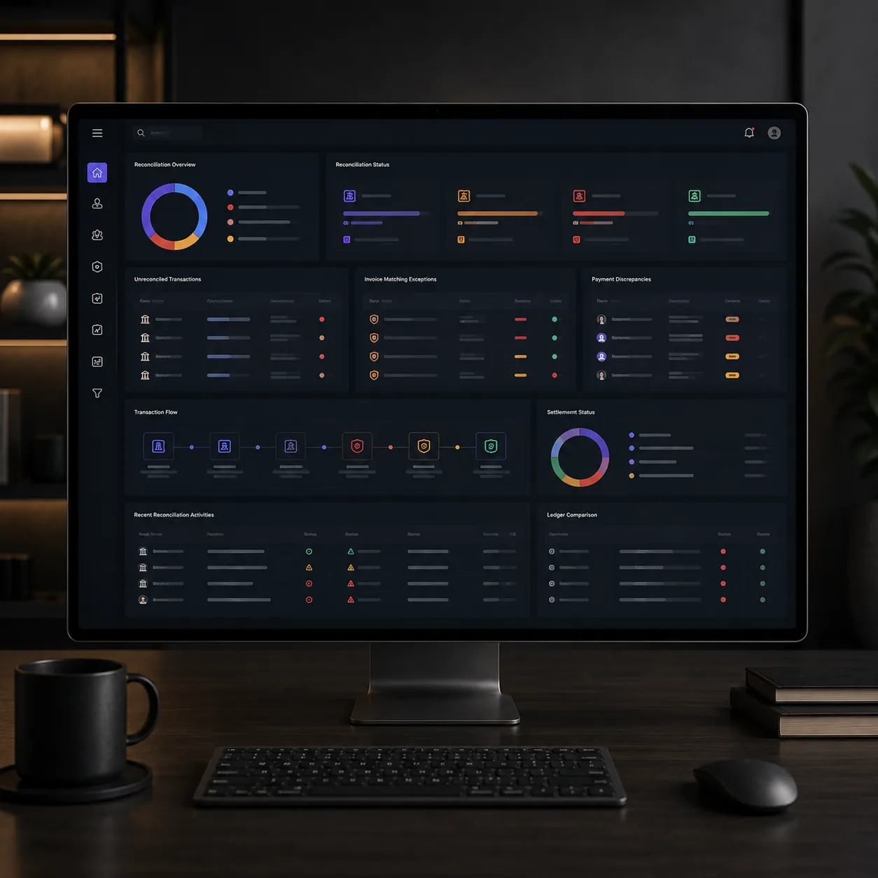 Payment control view with contracts, milestones, invoices, events, and reconciliation status.