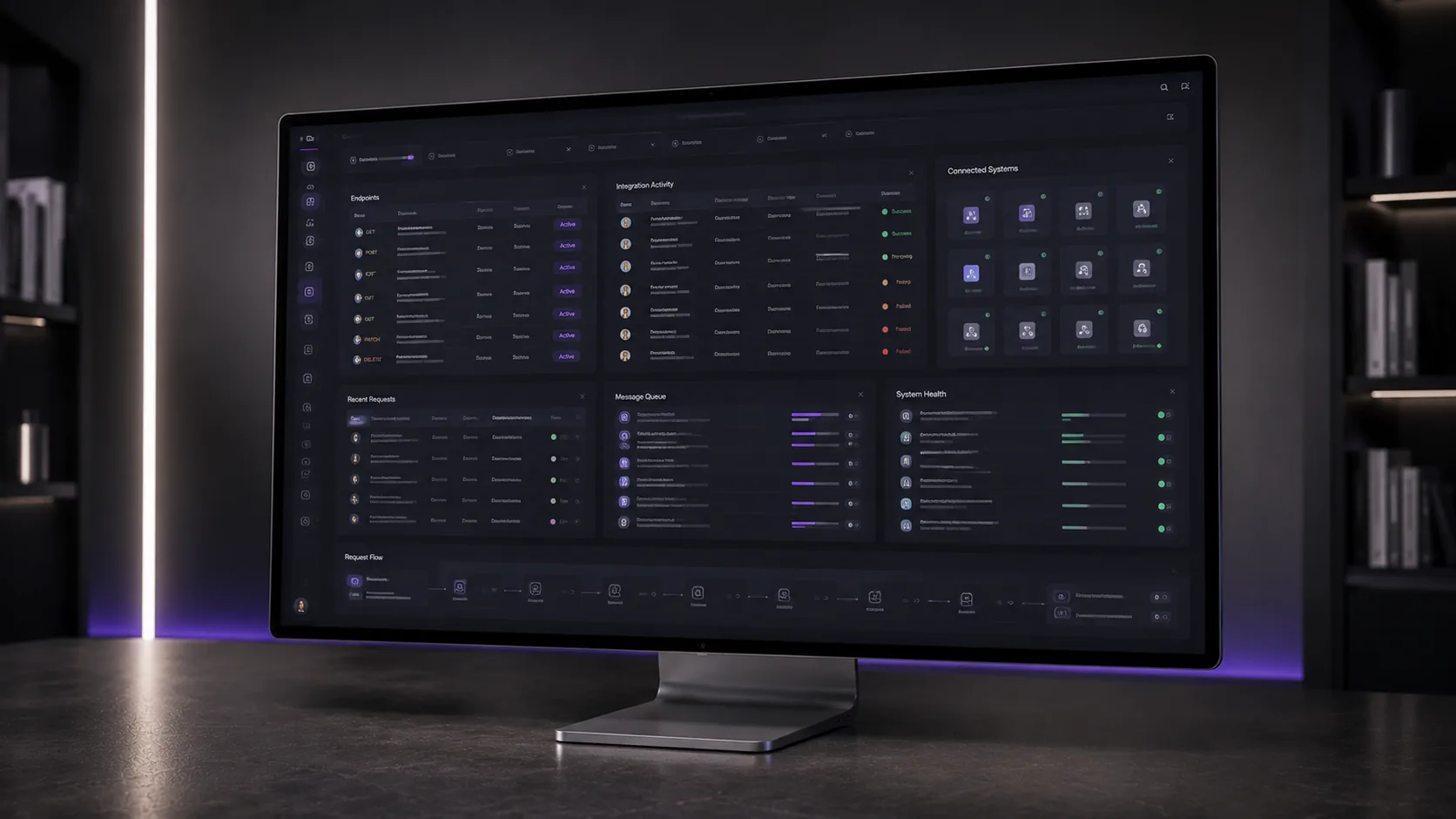 Integration operations workspace showing webhooks, retries, synchronization checks, and system reliability controls.