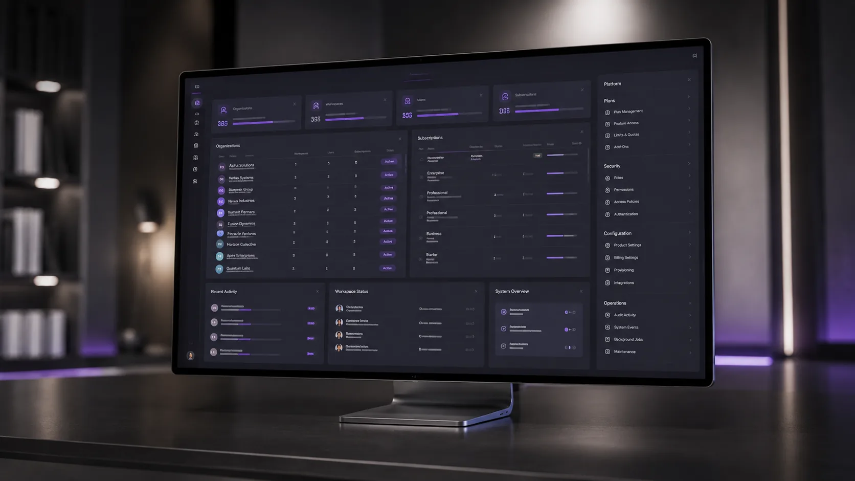SaaS delivery workspace showing account lifecycle, billing state, customer support, and integration planning.